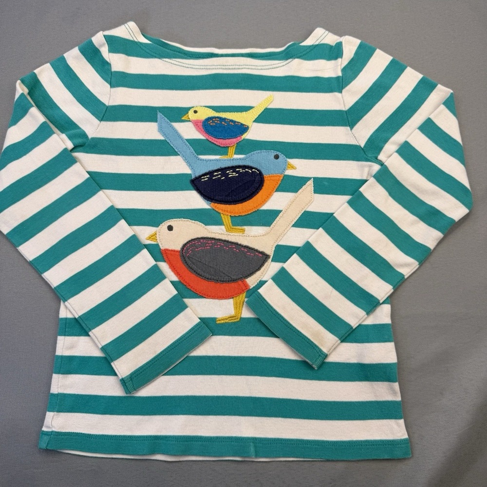 Mini Boden Green Stripe Bird Shirt Size 4-5 Year Appliqués Excellent Condition - Picture 1 of 5